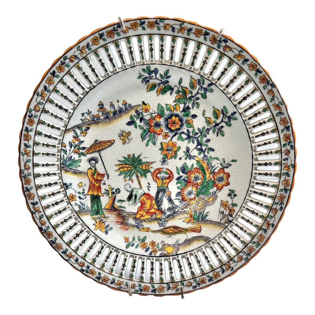 Large 1897 Asian Porcelain Chinoiserie Openwork Plate United Wilson: This is a beautiful antique United Wilson porcelain decorative plate. It's stamped with the red UW mark. The year is 1897 and it's made in Hong Kong. It has a beautiful Asian scene with figures and fl