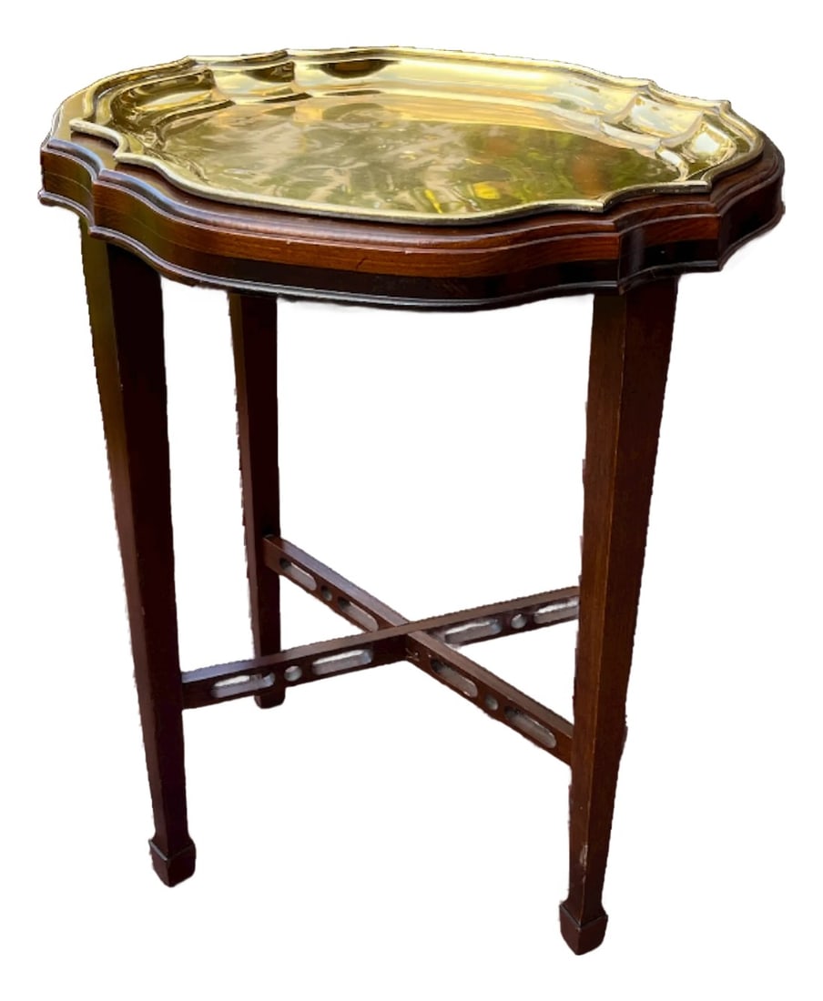 Vintage Ethan Allen Brass Tray and Mahogany Finish Table "“ Traditional Regency Drinks Accent (1 of 7)