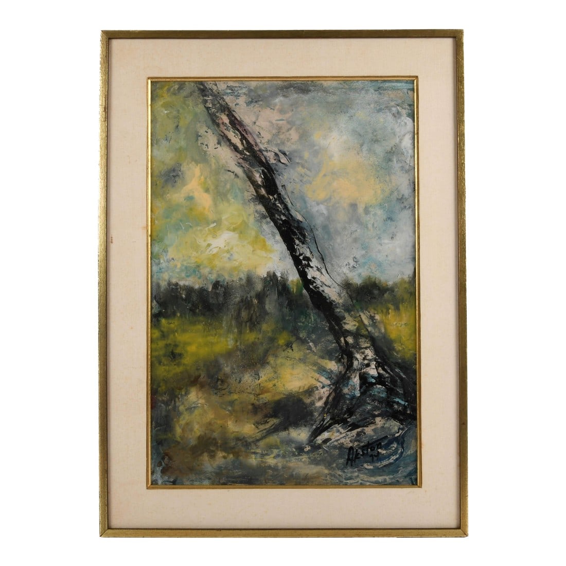 Framed Signed J. Akston "Blight, 1974" Acrylic and Enamel on Paper: J. Akston's Blight is a visceral meditation on entropy--an abstract landscape where nature's decay takes on poetic form. Rendered in acrylic and enamel on paper, the composition is pierced by a