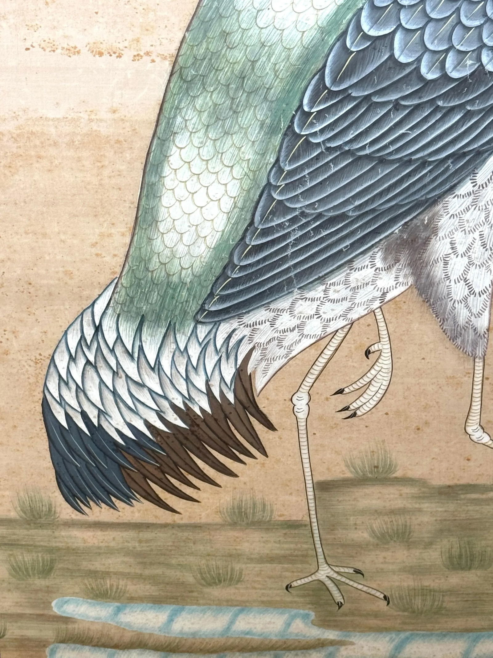 Large Chinese Hand-Painted Silk Scroll of Two Blue Cranes, Mid Century - 2