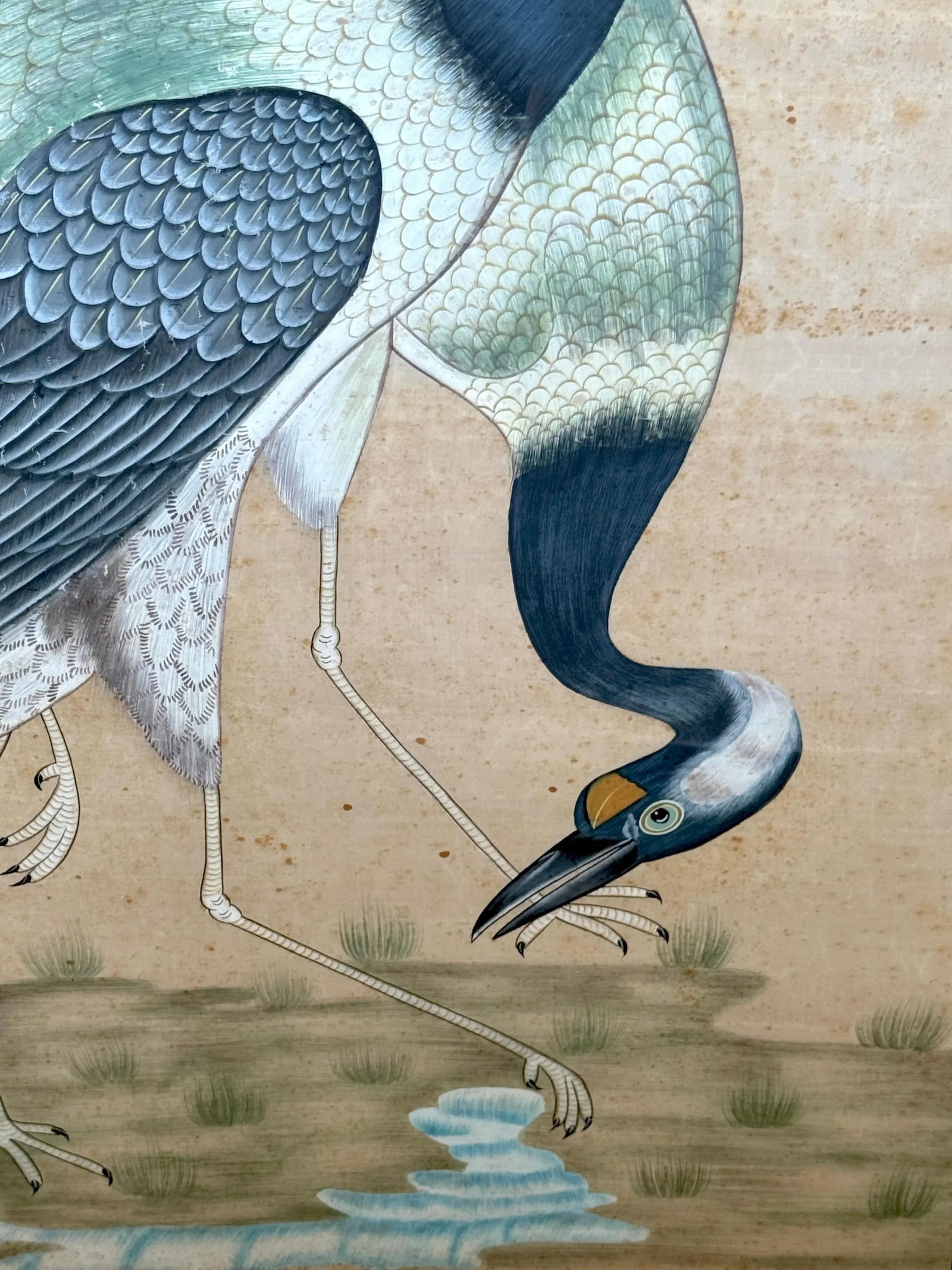 Large Chinese Hand-Painted Silk Scroll of Two Blue Cranes, Mid Century - 4