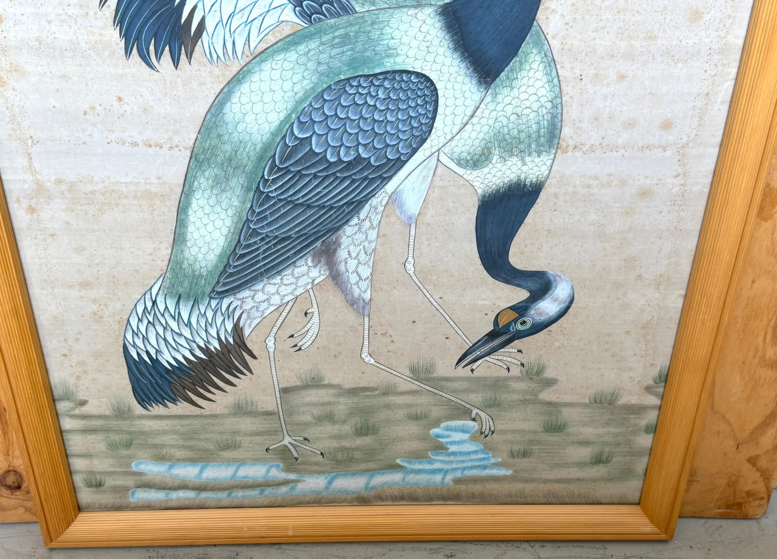 Large Chinese Hand-Painted Silk Scroll of Two Blue Cranes, Mid Century - 7