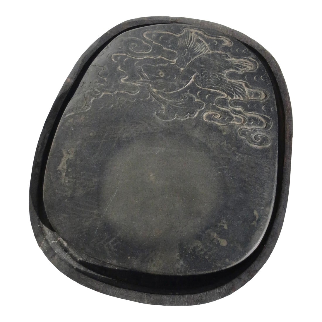 Vintage Chinese Inkstone and Wooden Box: Lovely Chinese inkstone, a Chinese craft exercised to perfection in the carving of the ornamental section of this stone. The flying crane with the fungi held in its beak. Chinese calligraphy mark the