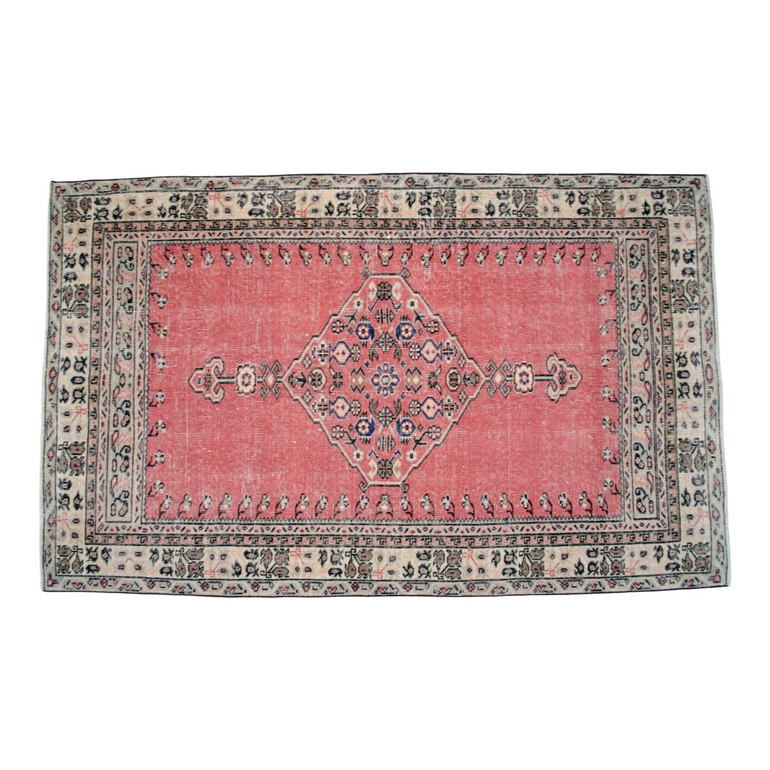 Distressed Area Rug Hand Knotted Muted Color Oushak Medallion Rug - 3'10'' X 6'3'': This mid-century Oushak rug, originating from the Aegean region of Turkey during the 1960s, represents a pinnacle of Anatolian village weaving. The piece features a gracefully aged patina, achieved