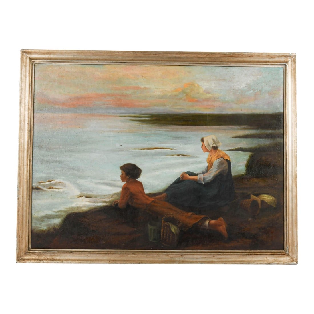 Framed "Seaside Gazing" Oil on Canvas: This Framed "Seaside Gazing" Oil on Canvas captures a quiet, contemplative moment between a woman and child seated on a coastal bluff, looking out across a softly glowing sea under a pastel-colored
