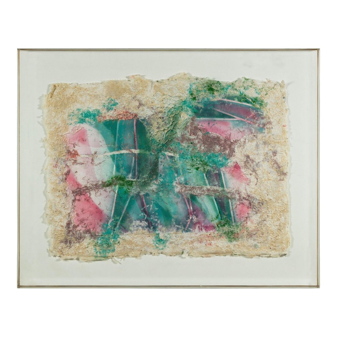 Leanne Weissler Abstract Painting in Lucite Box Frame with Vibrant Pastel Hues: This Leanne Weissler mixed-media painting captivates with its ethereal blend of color, texture, and depth. Encased in a sleek Lucite box frame, the artwork combines pastel hues of pink, green, and lav