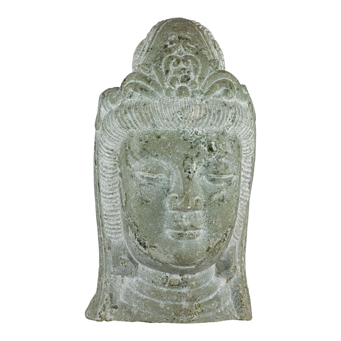 Hand-Carved Vintage Chinese Stone QuÃ¡n YÄ«n Head Sculpture with Natural Patina: This vintage stone QuÃ¡n YÄ«n head sculpture, hand-carved in mid-20th-century China, captures the Bodhisattva of Compassion in serene repose. Rising 18" high atop a gently flared n