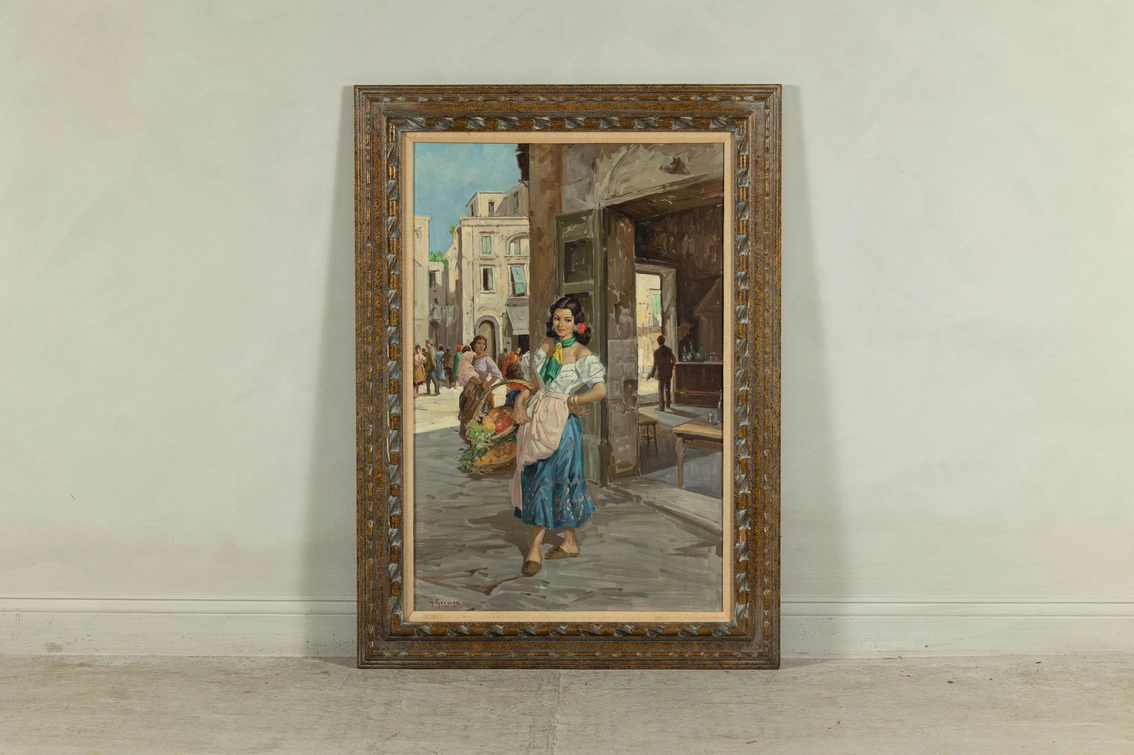 Oil Painting of an Italian Woman in a Market Scene Signed G. Graziani - 5