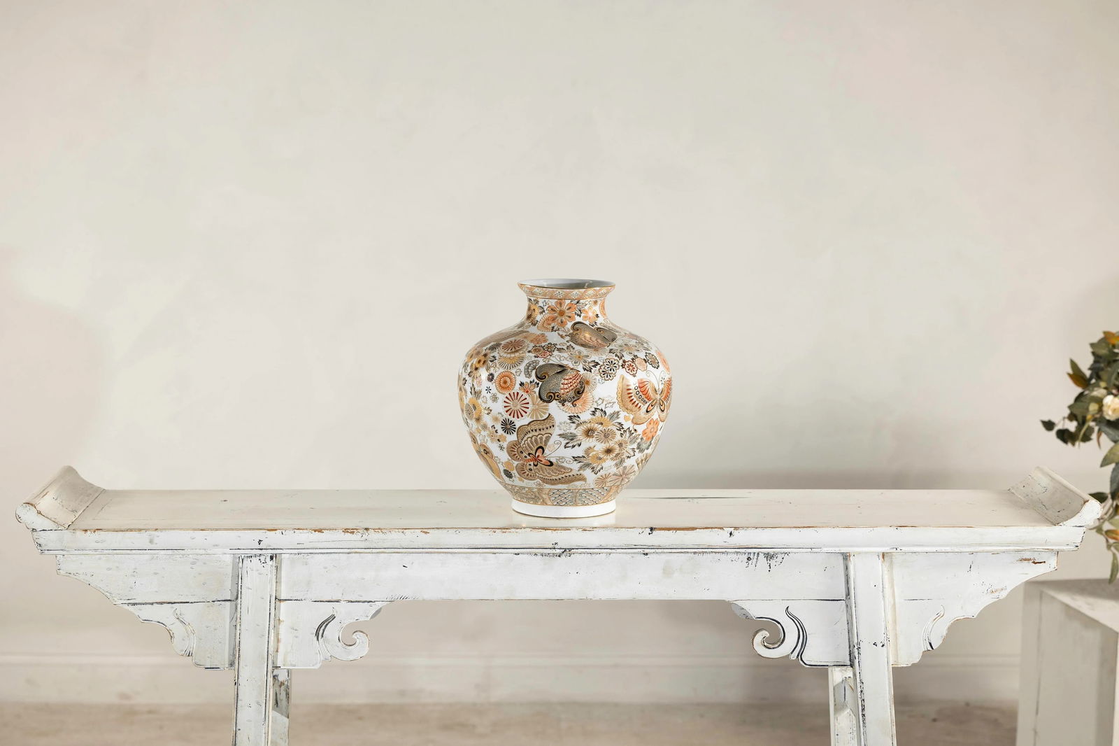 Kutani-Style Japanese Vase with Butterflies and Florals on White Ground - 5