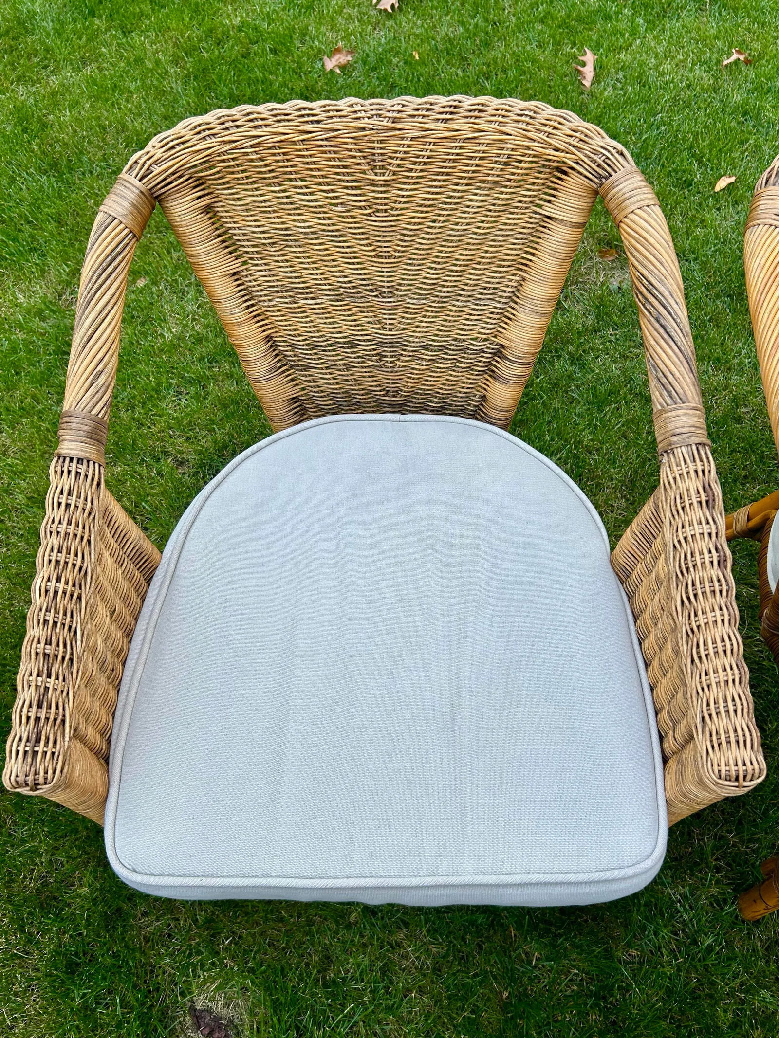 Two Wicker, Rattan and Bamboo Boho Chic Style, Arm Chairs, W/Tan Cushions, 1990's - 10