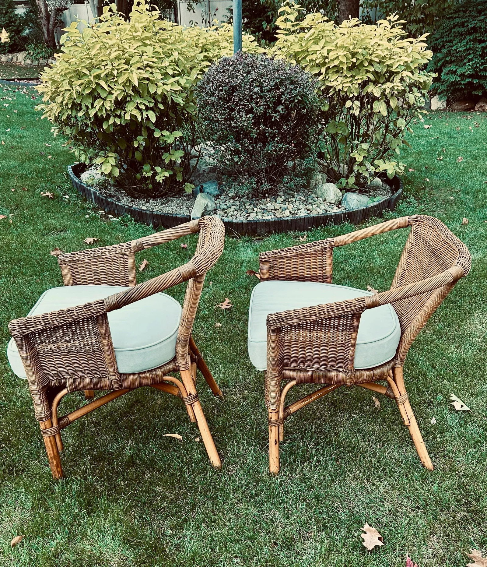 Two Wicker, Rattan and Bamboo Boho Chic Style, Arm Chairs, W/Tan Cushions, 1990's - 11