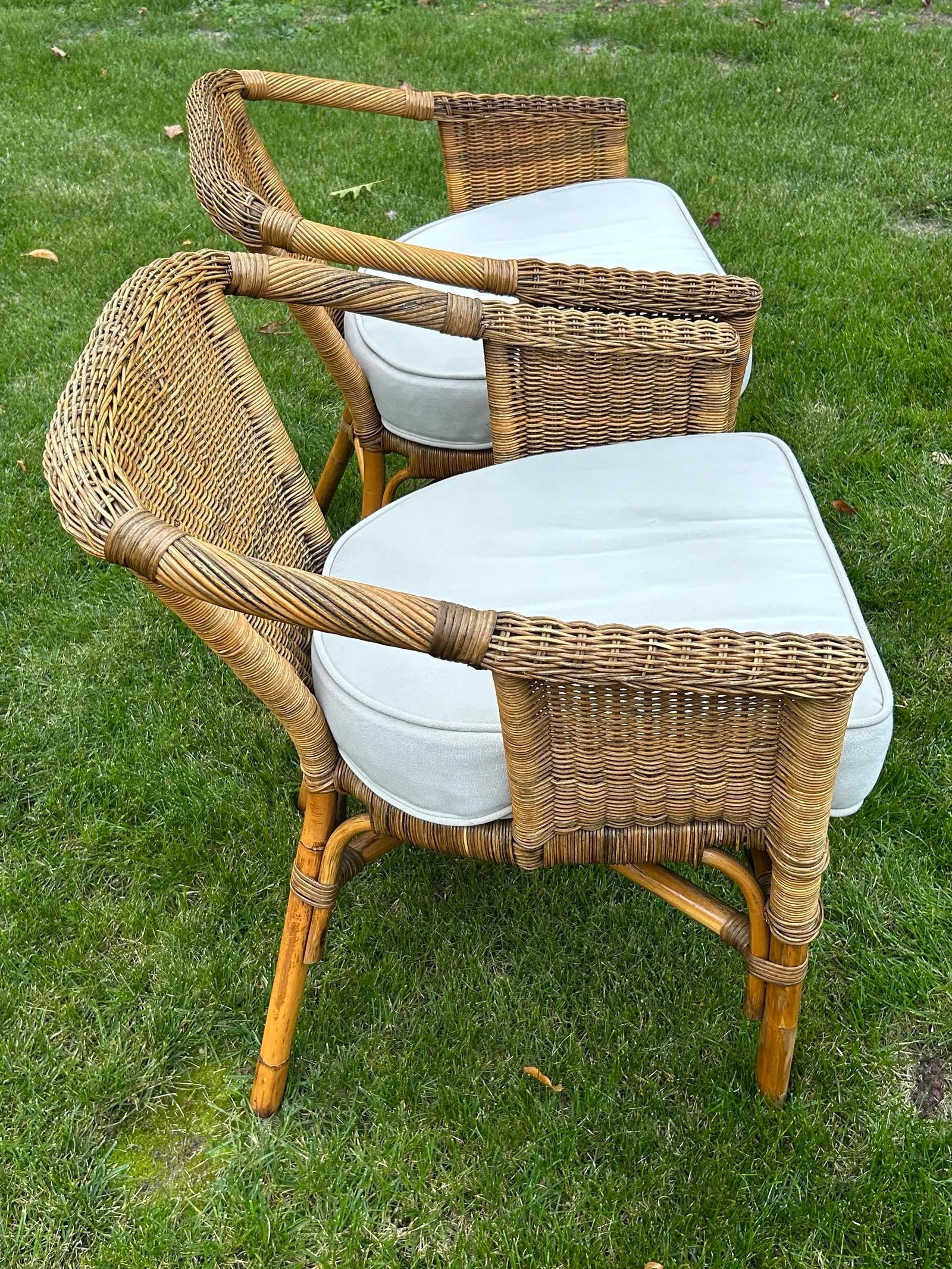 Two Wicker, Rattan and Bamboo Boho Chic Style, Arm Chairs, W/Tan Cushions, 1990's - 12