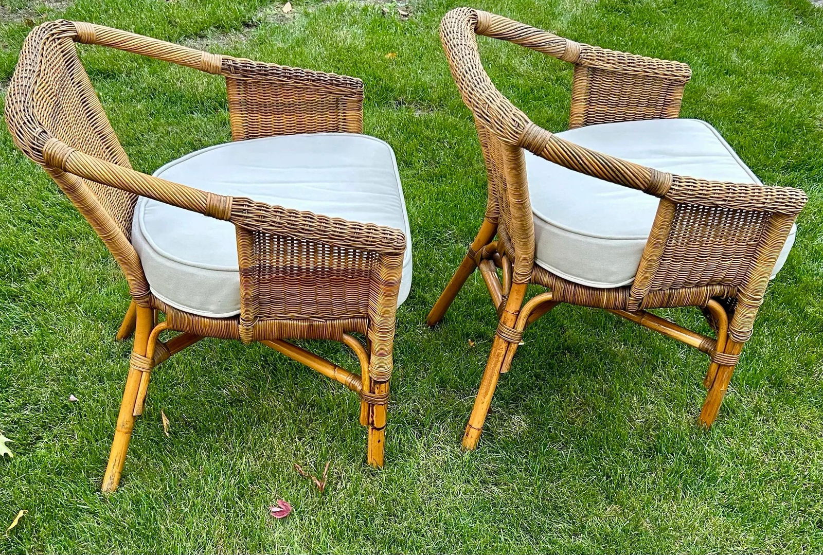 Two Wicker, Rattan and Bamboo Boho Chic Style, Arm Chairs, W/Tan Cushions, 1990's - 2