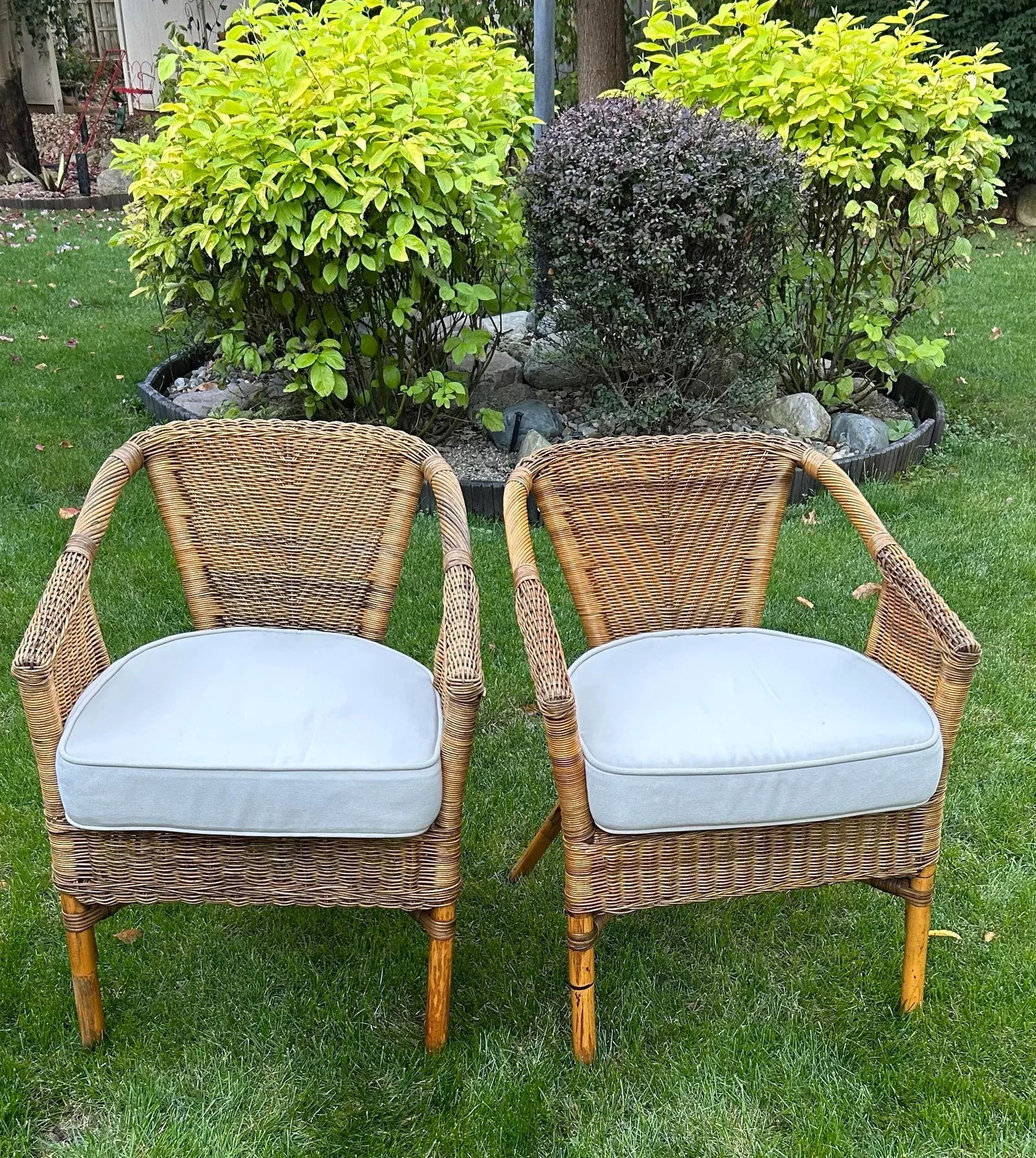 Two Wicker, Rattan and Bamboo Boho Chic Style, Arm Chairs, W/Tan Cushions, 1990's - 3