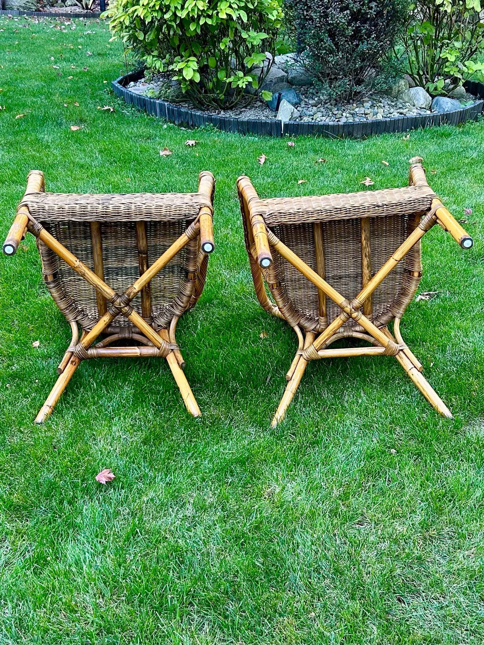 Two Wicker, Rattan and Bamboo Boho Chic Style, Arm Chairs, W/Tan Cushions, 1990's - 4