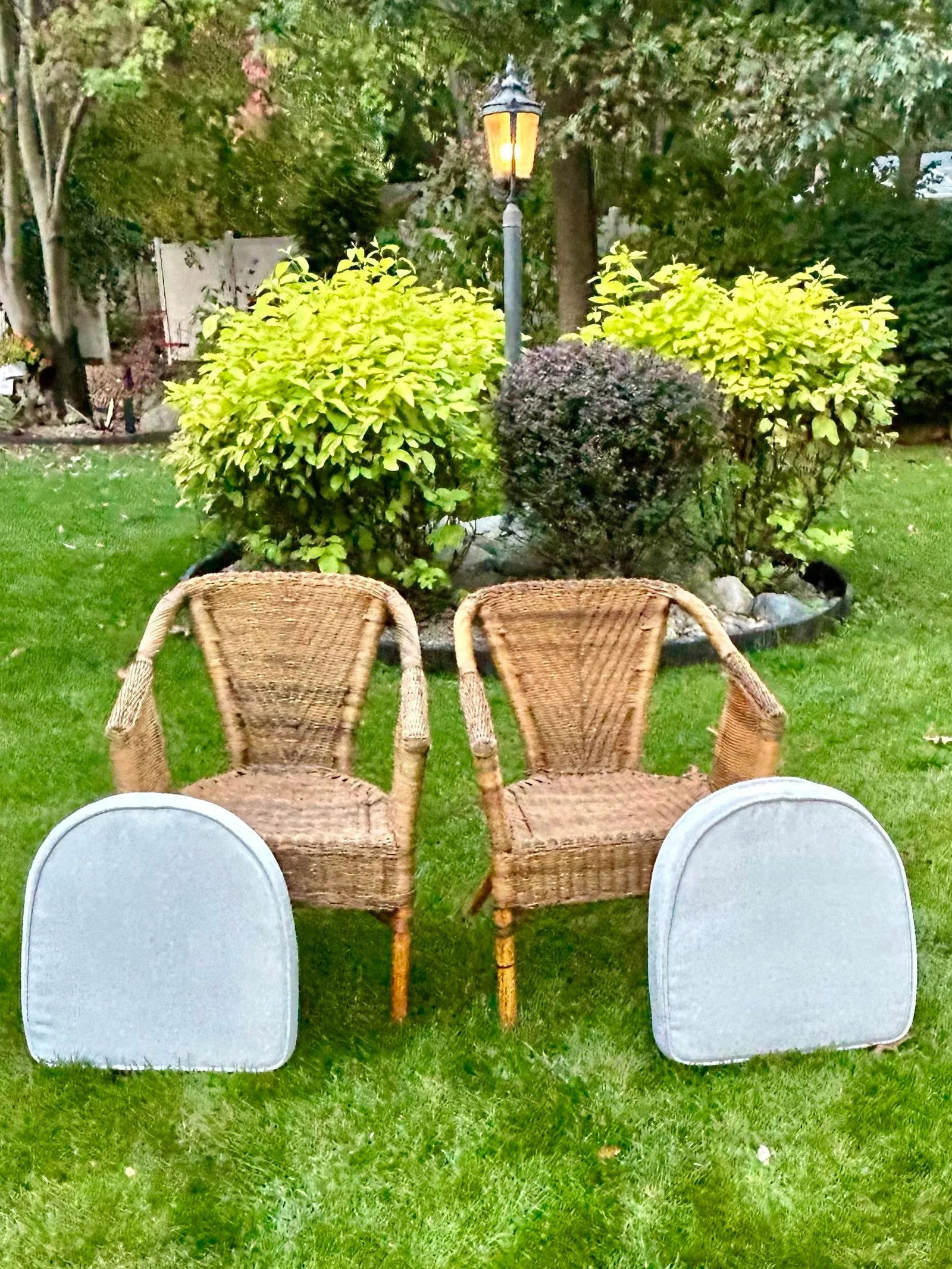 Two Wicker, Rattan and Bamboo Boho Chic Style, Arm Chairs, W/Tan Cushions, 1990's - 5
