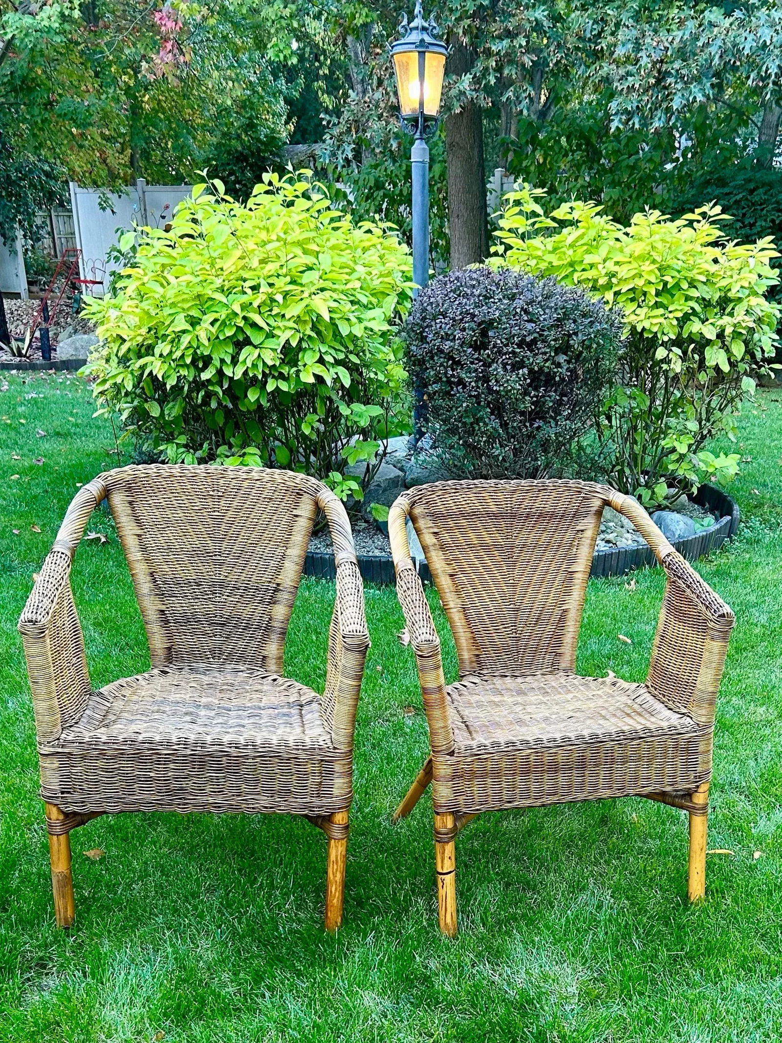 Two Wicker, Rattan and Bamboo Boho Chic Style, Arm Chairs, W/Tan Cushions, 1990's - 7