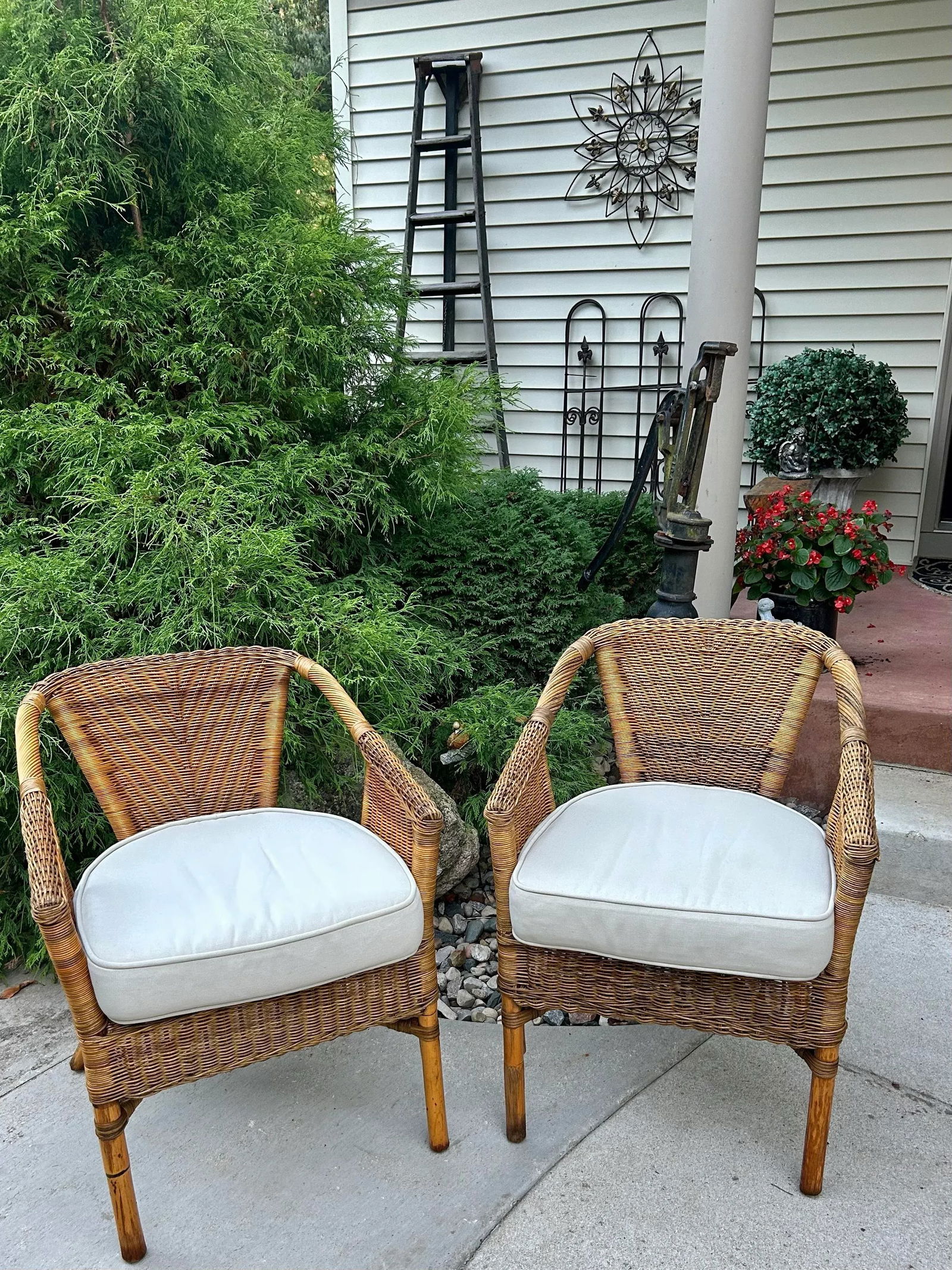 Two Wicker, Rattan and Bamboo Boho Chic Style, Arm Chairs, W/Tan Cushions, 1990's - 8