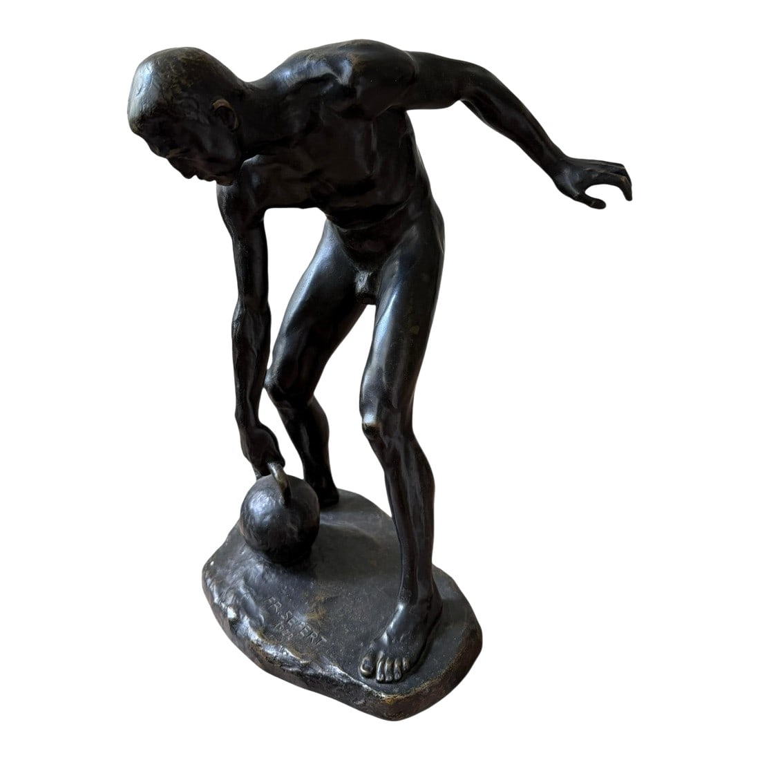 Antique Bronze Sculpture Titled Male Athlete With Kettlebell by Fritz Reinhold Seifert Made 1922: The bronze sculpture of a male athlete with a kettlebell, created by Fritz Reinhold Seifert in 1922, embodies the spirit of physical fitness and the celebration of athleticism during the early 20th ce