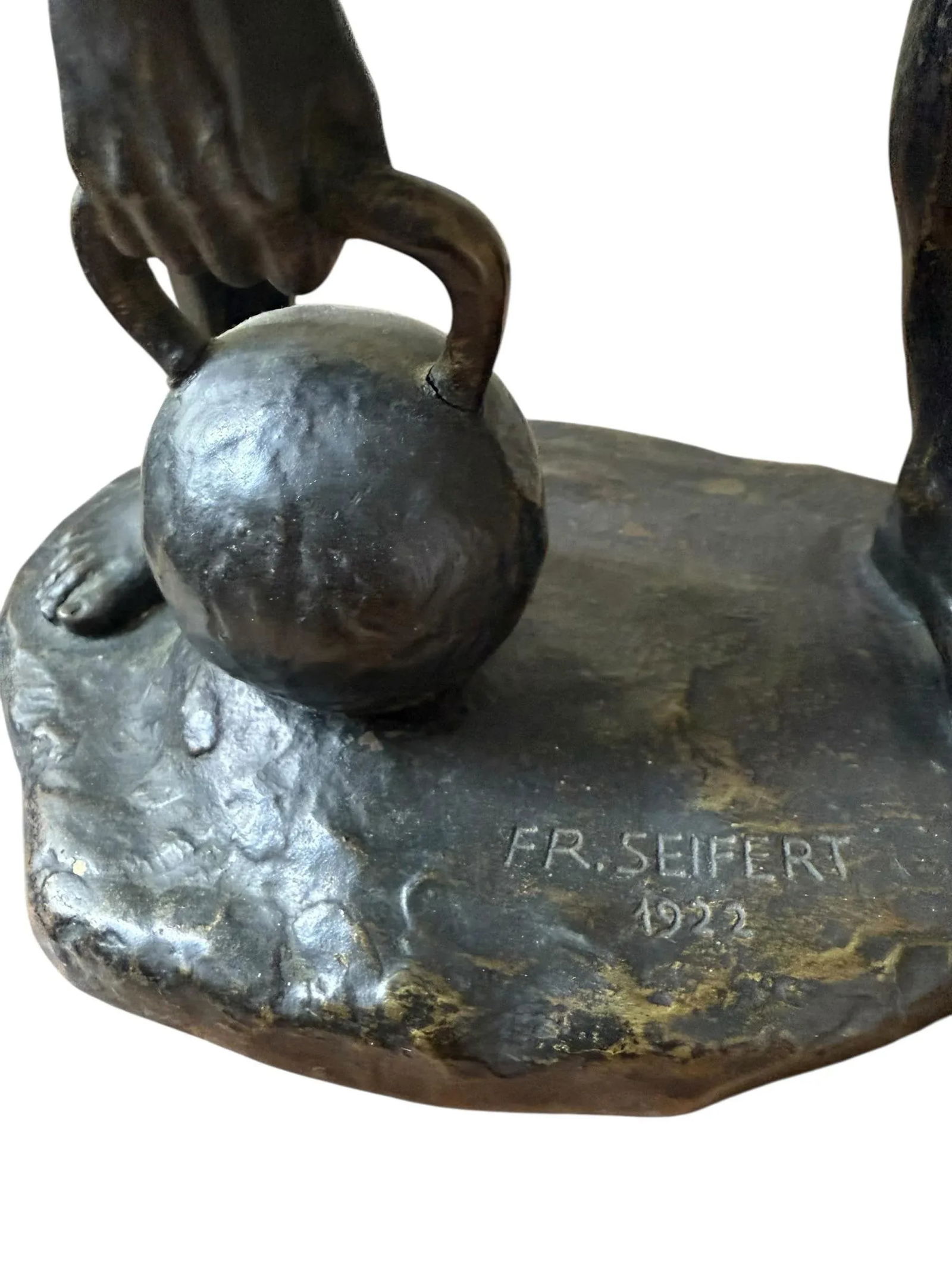Antique Bronze Sculpture Titled Male Athlete With Kettlebell by Fritz Reinhold Seifert Made 1922 - 3