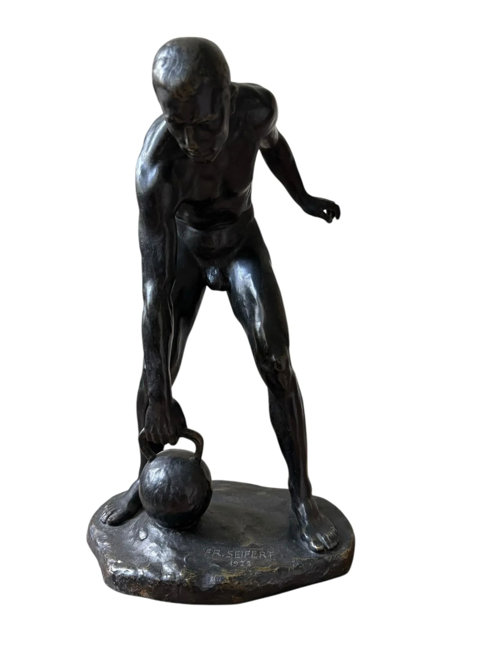 Antique Bronze Sculpture Titled Male Athlete With Kettlebell by Fritz Reinhold Seifert Made 1922 - 5
