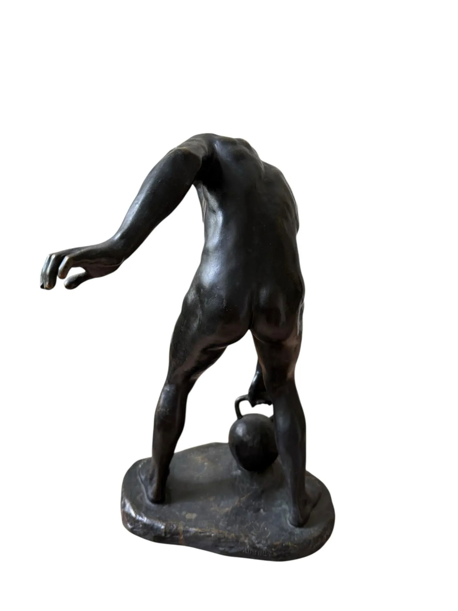 Antique Bronze Sculpture Titled Male Athlete With Kettlebell by Fritz Reinhold Seifert Made 1922 - 6