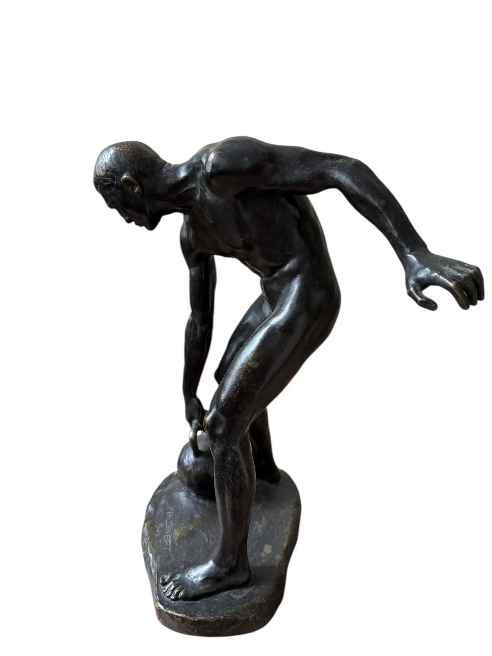 Antique Bronze Sculpture Titled Male Athlete With Kettlebell by Fritz Reinhold Seifert Made 1922 - 7