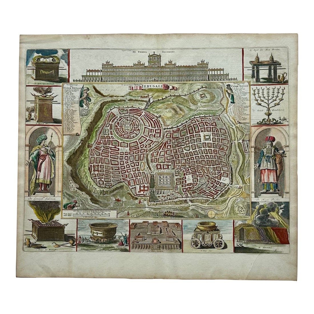 Jerusalem, Original Map by Daniel Stoopendaal, Circa 1710: Original antique copper engraving of a bird's-eye plan of Jerusalem, created by Daniel Stoopendaal. The depiction of the holy city is surrounded by engravings of religious icons, including representat