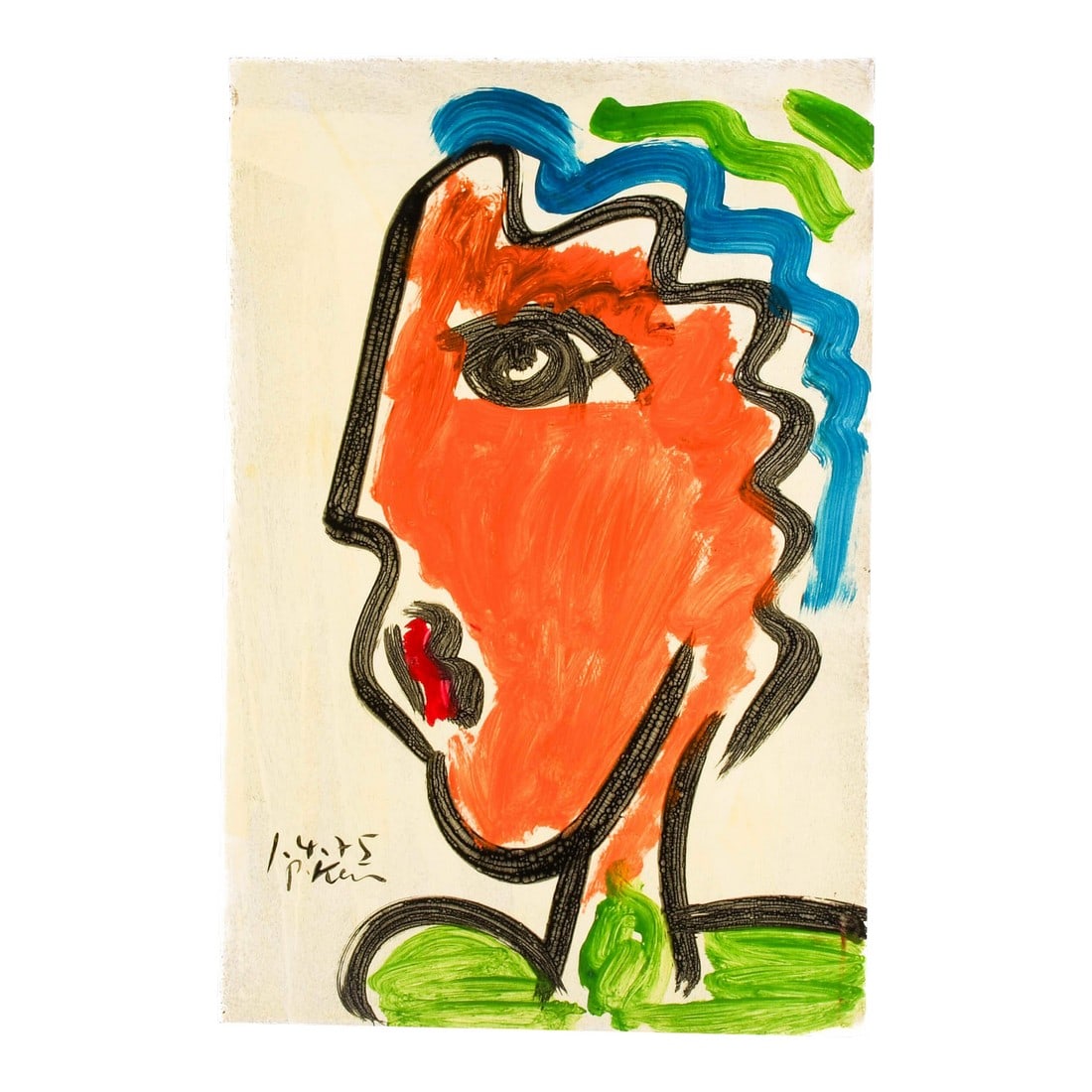 Signed Peter Keil "Waves of the Mind 1-4-75" Oil on Masonite: In "Waves of the Mind 1-4-75," Peter Keil strips portraiture down to its most essential elements--movement, emotion, and bold visual rhythm. This signed oil on masonite radiates with raw energy. The