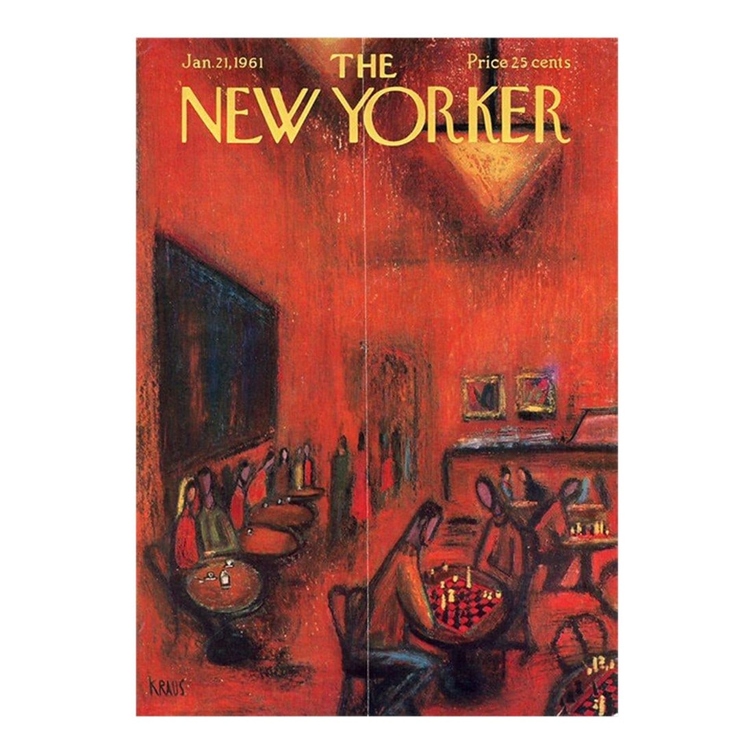 Original 1961 New Yorker Cover, January 21, Vintage New Yorker Magazine Cover by Robert Kraus, Bistr: Original vintage New Yorker magazine cover dated January 21, 1961 featuring a Bistro and Chess theme. Based on an illustration by Robert Kraus (1925-2001). This is an authentic New Yorker magazine cov