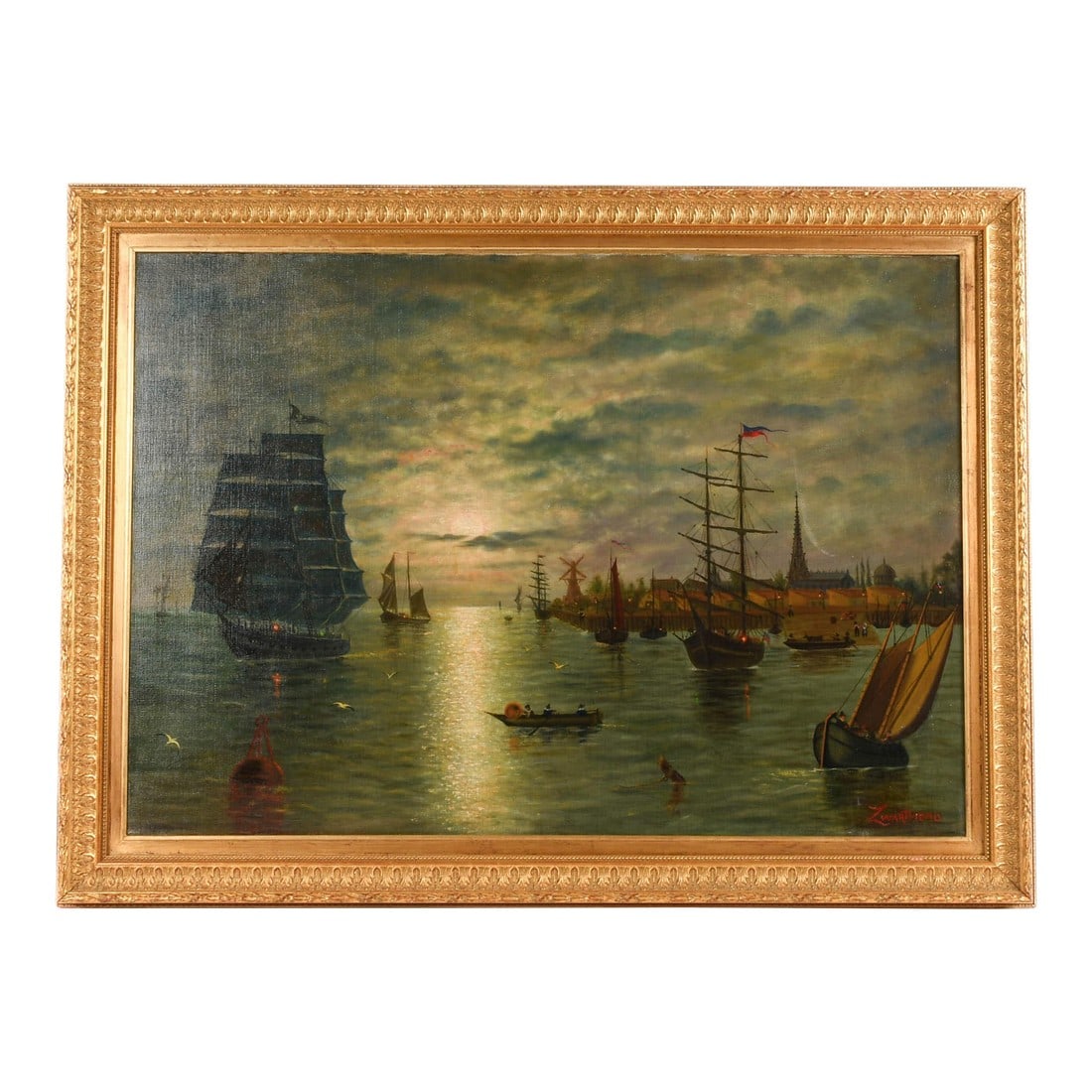 Framed Signed Zwartmond Harbor Scene Oil on Canvas (1 of 9)