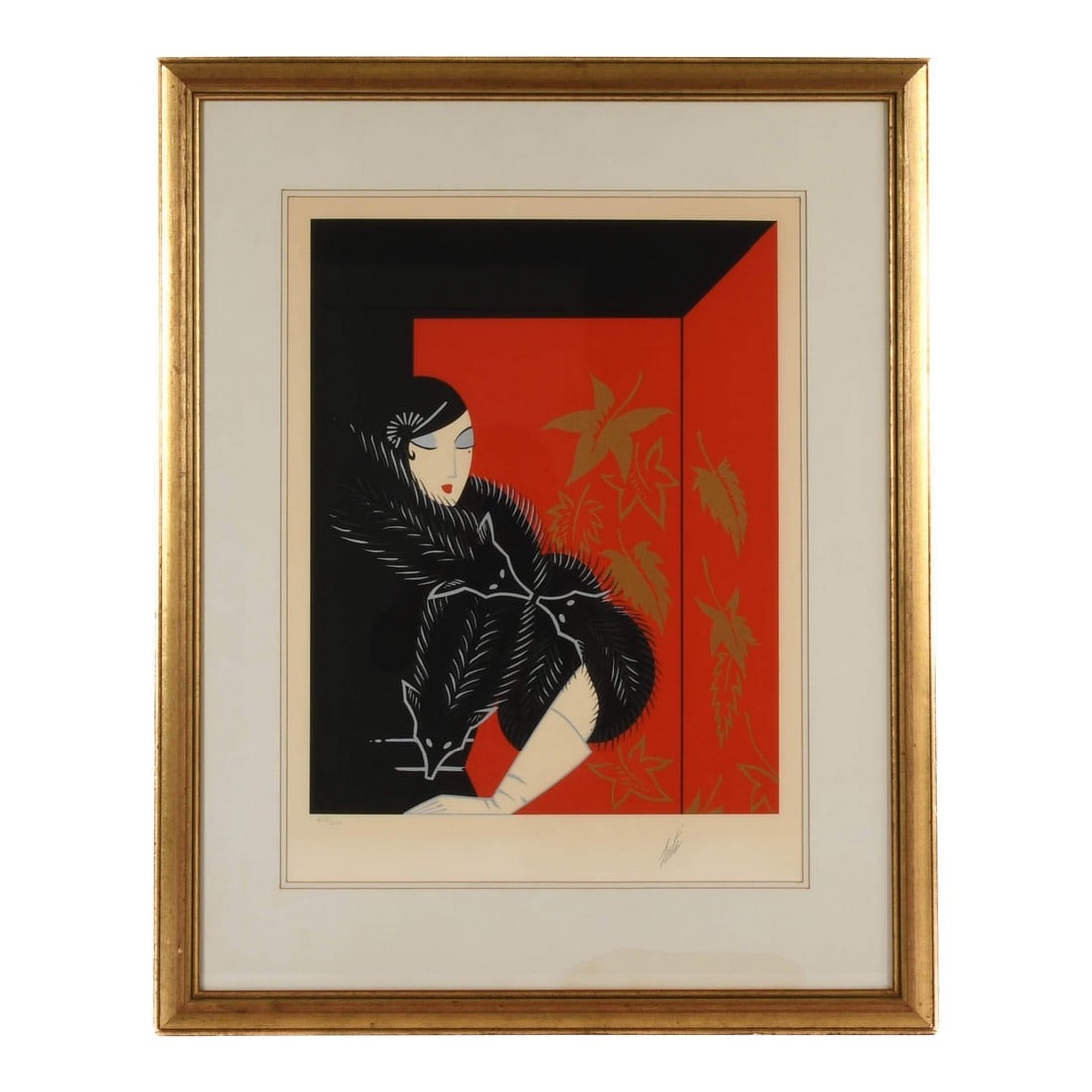 Framed Signed ErtÃ© "Furs" Limited-Edition Serigraph: This Framed Signed ErtÃ© "Furs" Limited-Edition Serigraph captures a poised figure dressed in a luxurious fur-trimmed ensemble, her stylized features and angular pose embodying the sophistic