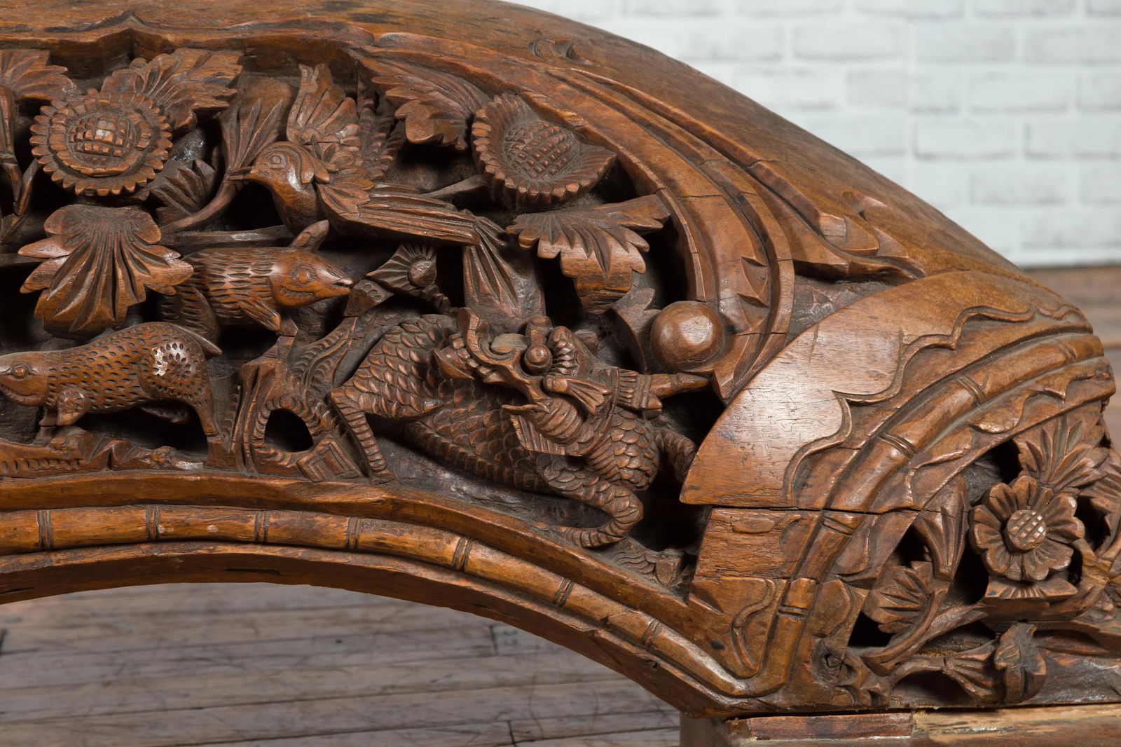 Mid 20th Century Chinese Hand Carved Wooden Floral & Animal Arching Sculpture - 10