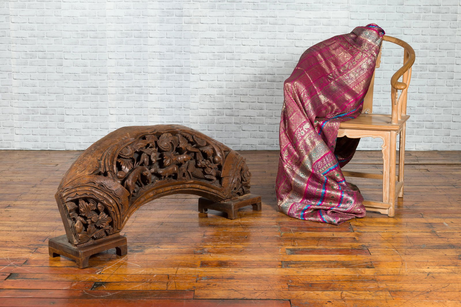 Mid 20th Century Chinese Hand Carved Wooden Floral & Animal Arching Sculpture - 11