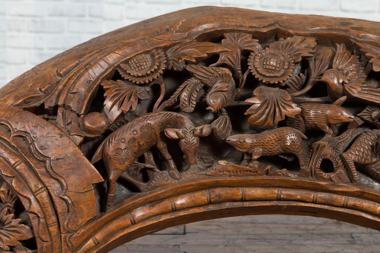 Mid 20th Century Chinese Hand Carved Wooden Floral & Animal Arching Sculpture - 7