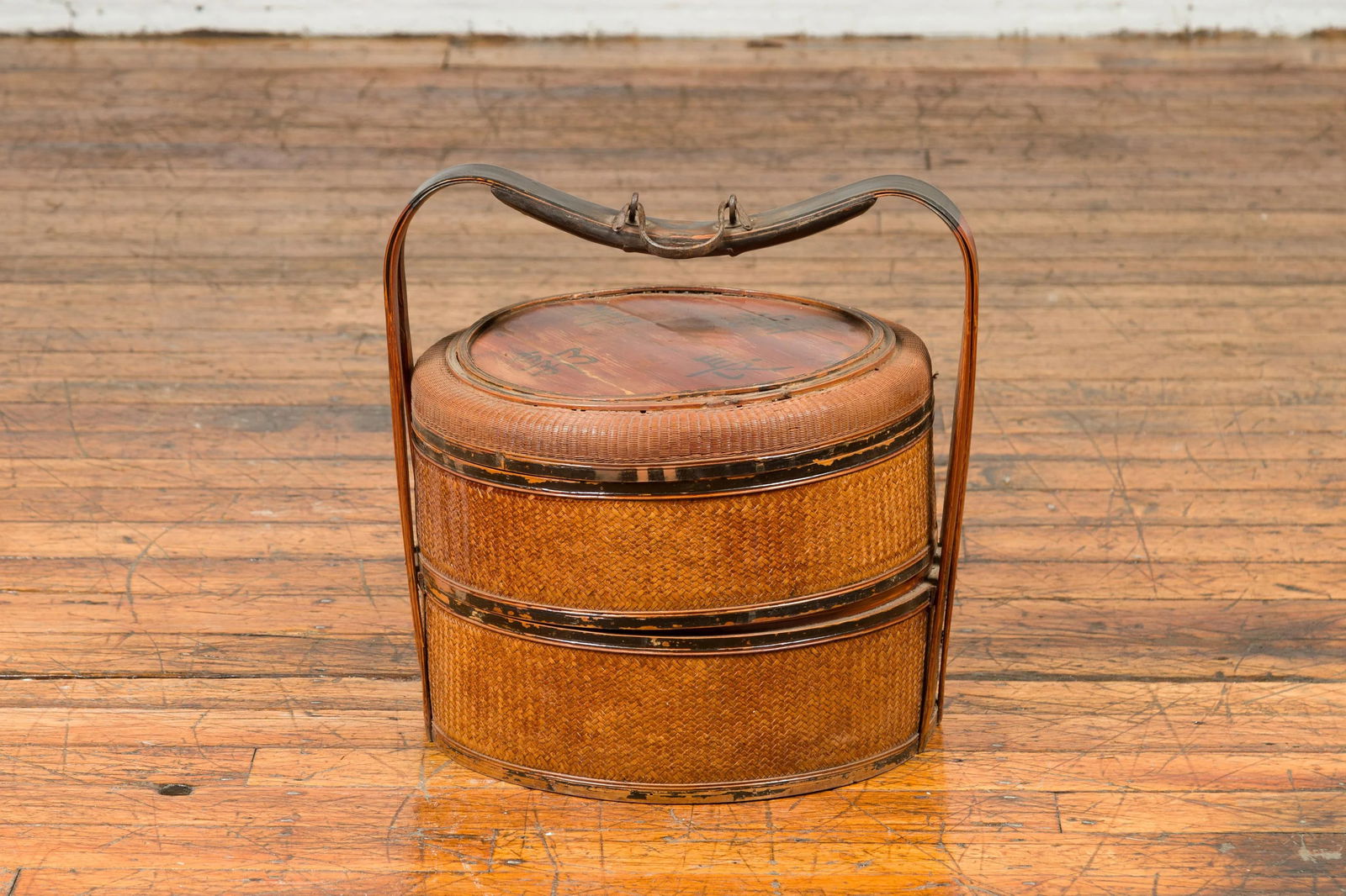 Antique Chinese Rattan Tiered Lunch Box with Carved Handle and Calligraphy - 4