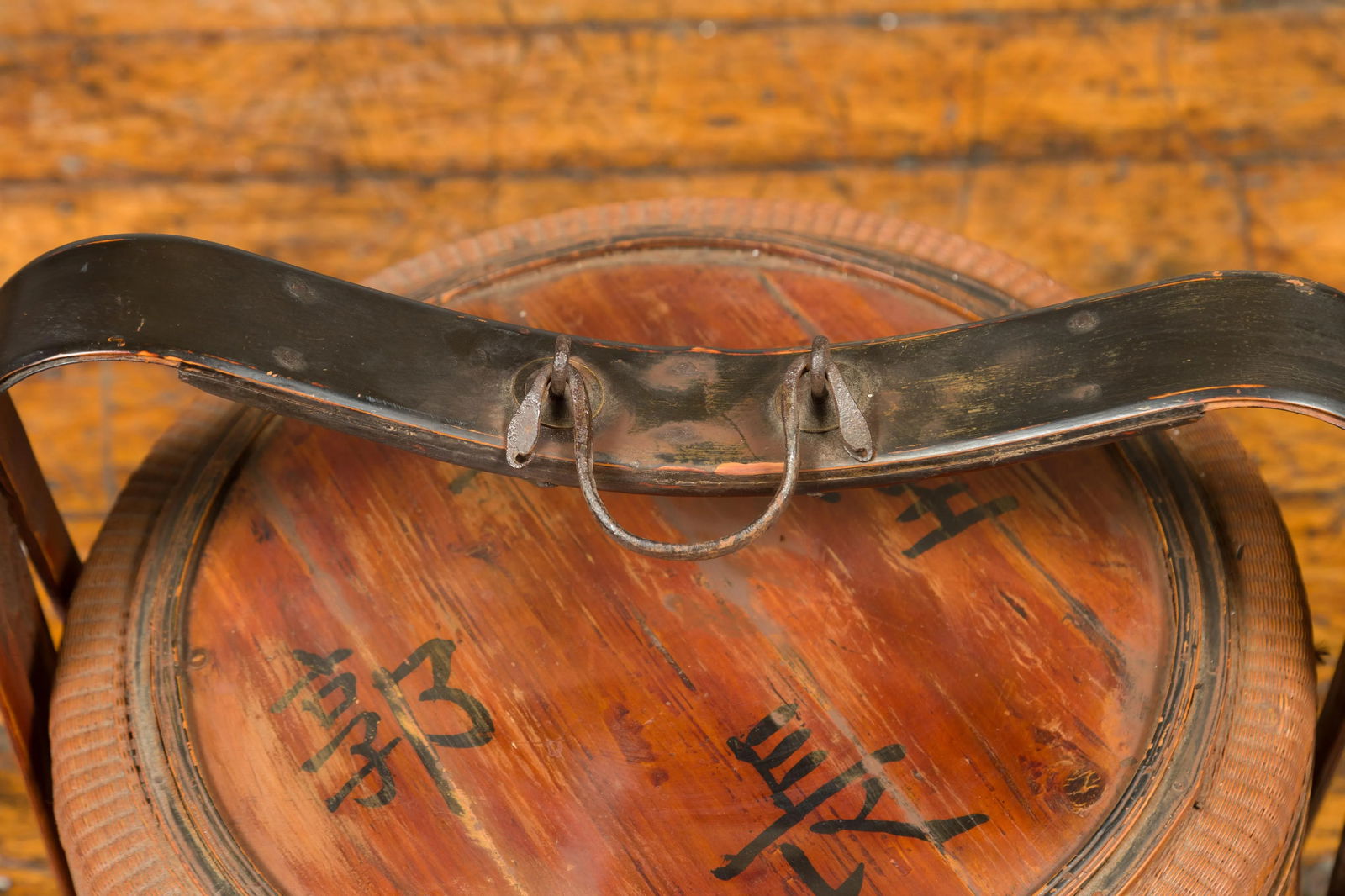Antique Chinese Rattan Tiered Lunch Box with Carved Handle and Calligraphy - 5
