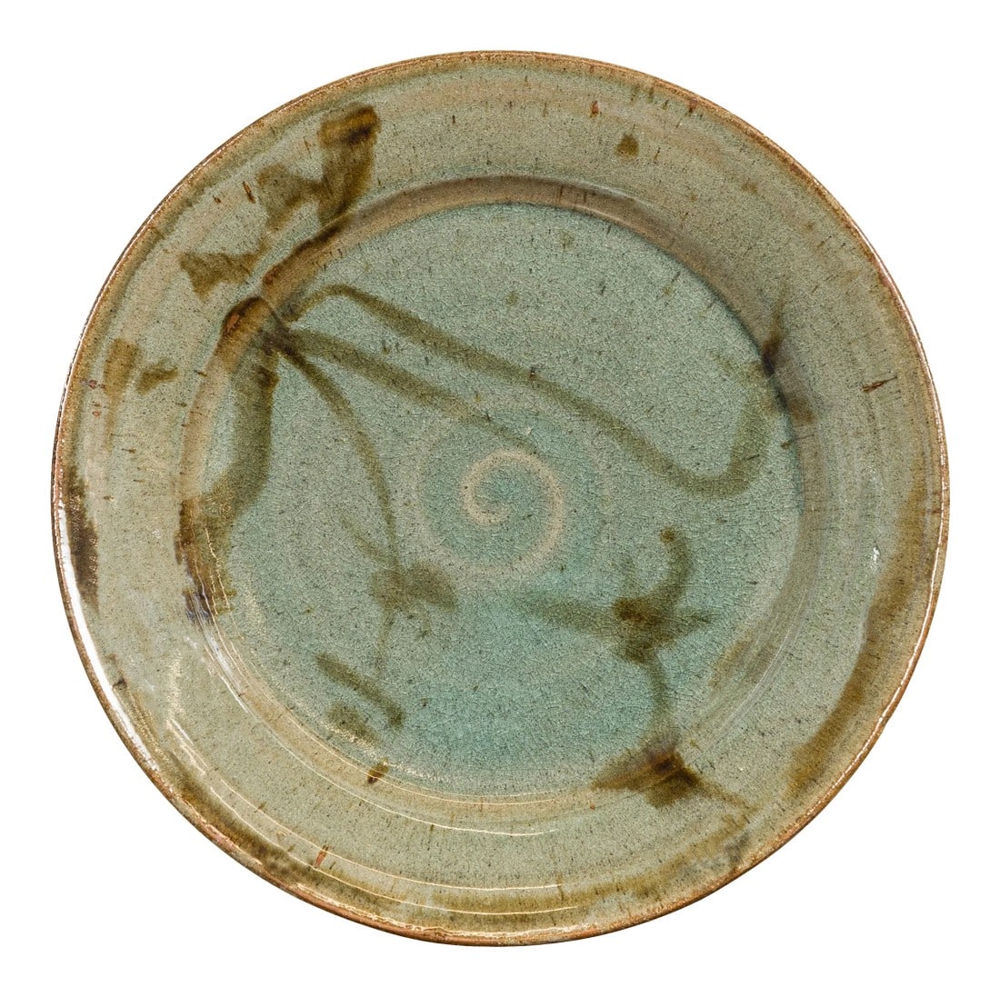 Thai Hand-Thrown Ceramic Charger from Chiang Mai with Hand Painted Decor: A contemporary Thai hand-thrown ceramic charger from Chiang Mai with hand painted decor. Created in Chiang Mai, Northern Thailand, this charger plate features a soft green hue perfectly contrasted to