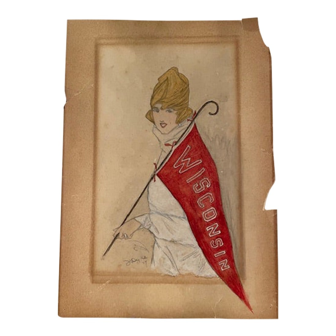 Graphite/Gouache Portrait of University of Wi Sportsfan, Signed & Dated 1917: Illegibly pencil signed, early 20th Century collegiate art depicting smiling cheerleader or spectator holding U of Wi banner. Annotated by artist inverso. Condition: Alterations: Original Condition Un