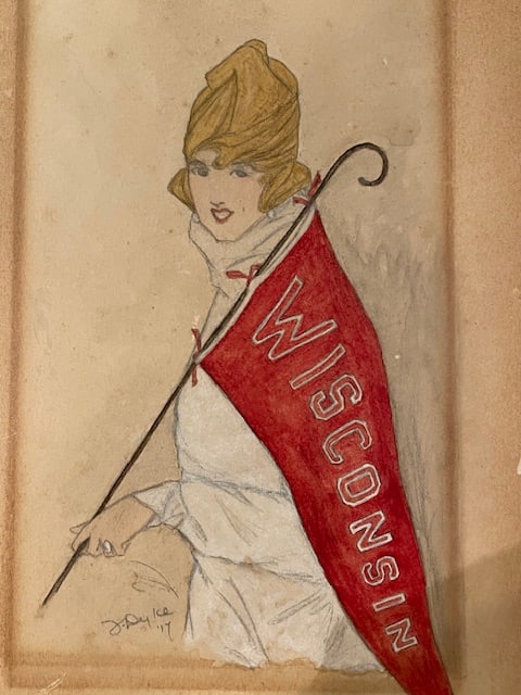 Graphite/Gouache Portrait of University of Wi Sportsfan, Signed & Dated 1917 - 3