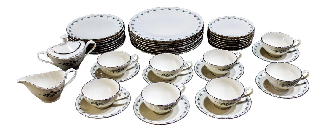 Lenox China Melissa Pattern - Service for 8: 48 Piece set of Lenox china in the Melissa pattern, platinum trim. Includes 8 each: dinner plates 10 1/2", salad plates 8 1/3", bread plates 6 3/8", cups 4 1/4" opening x 3 3/4" high, saucers 6 1/4" C
