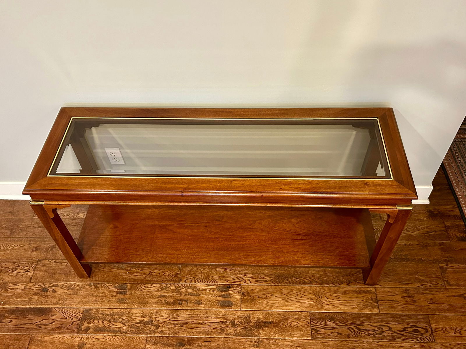 Vintage Lane Furniture Mid-Century Modern Walnut Console Table With Beveled Glass Top and Brass Acce - 16