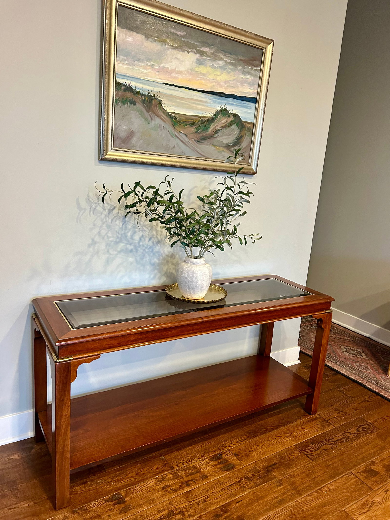 Vintage Lane Furniture Mid-Century Modern Walnut Console Table With Beveled Glass Top and Brass Acce - 18