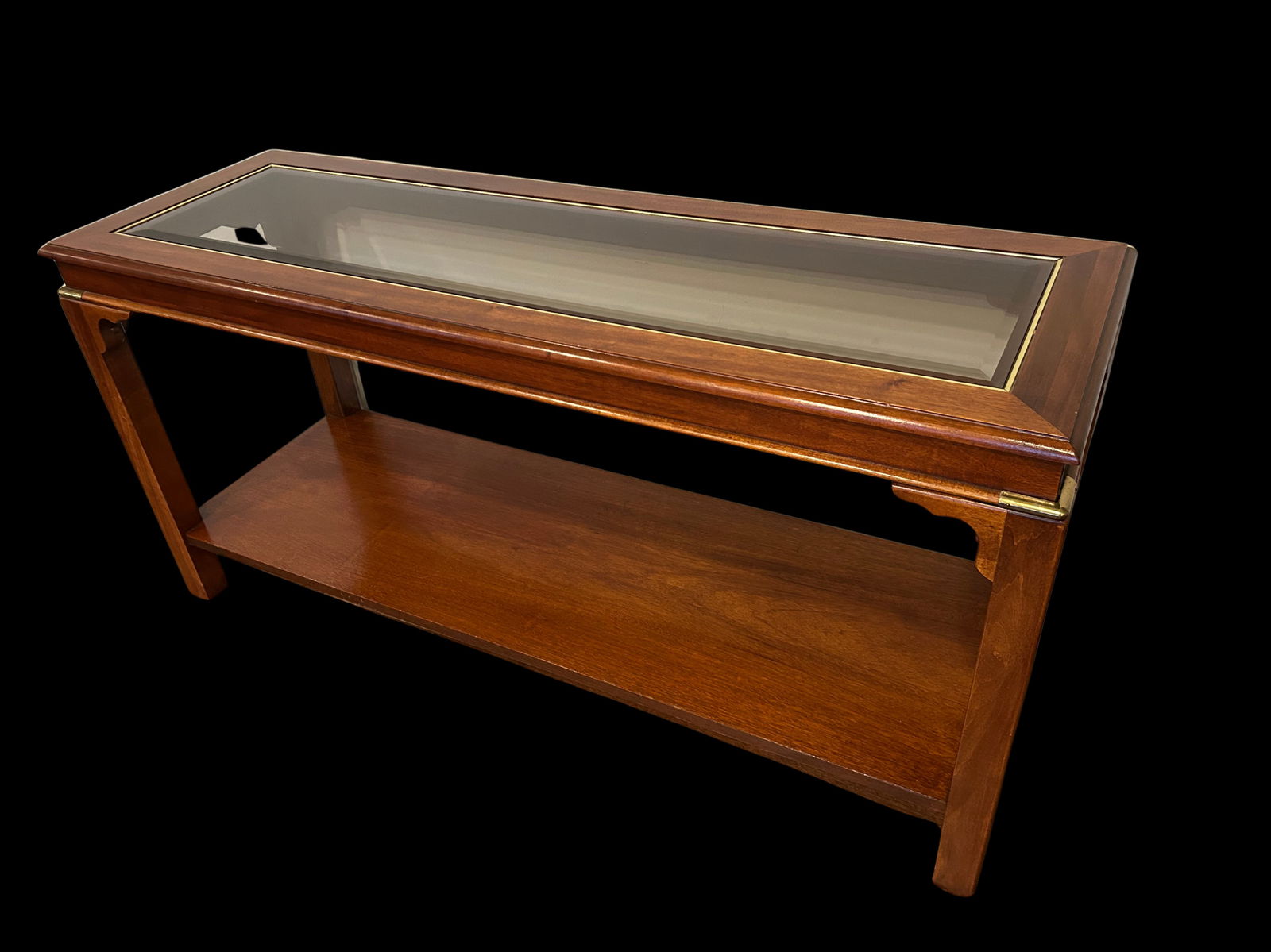 Vintage Lane Furniture Mid-Century Modern Walnut Console Table With Beveled Glass Top and Brass Acce - 2