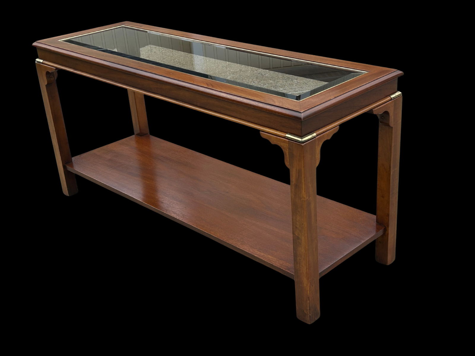 Vintage Lane Furniture Mid-Century Modern Walnut Console Table With Beveled Glass Top and Brass Acce - 3