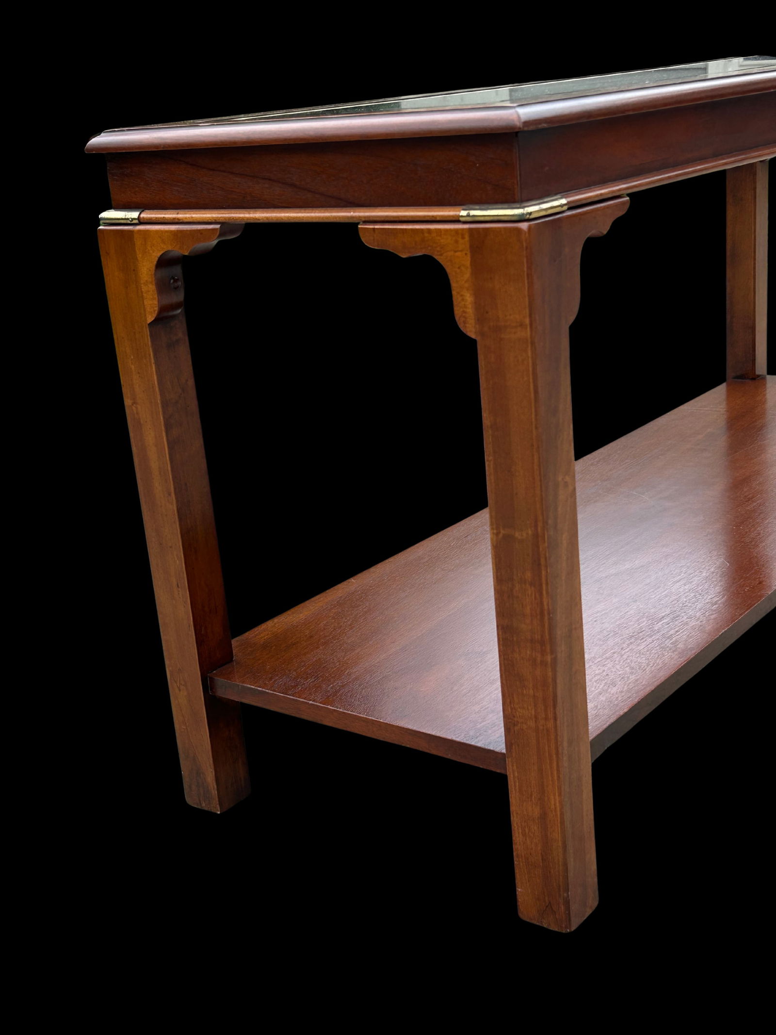 Vintage Lane Furniture Mid-Century Modern Walnut Console Table With Beveled Glass Top and Brass Acce - 5
