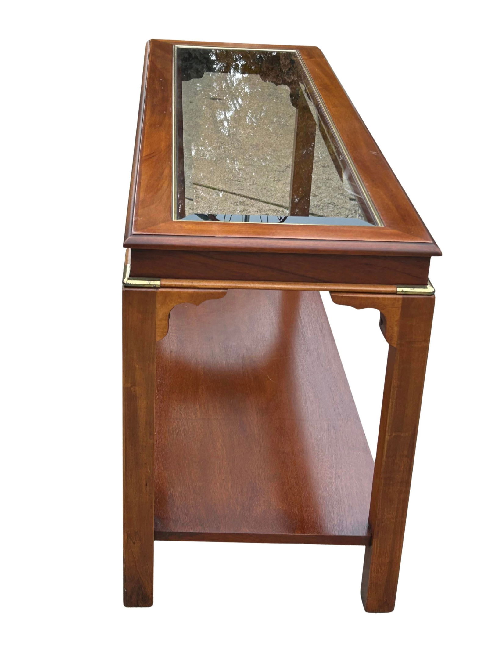 Vintage Lane Furniture Mid-Century Modern Walnut Console Table With Beveled Glass Top and Brass Acce - 6
