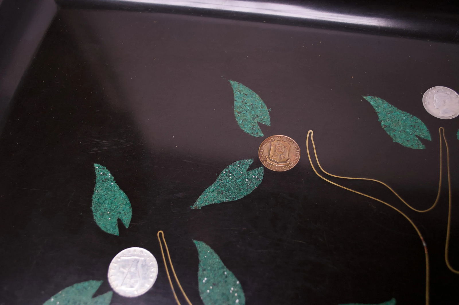 Large Mid-Century Black Resin Inlaid "Tree of Life" Tray by Couroc - 10