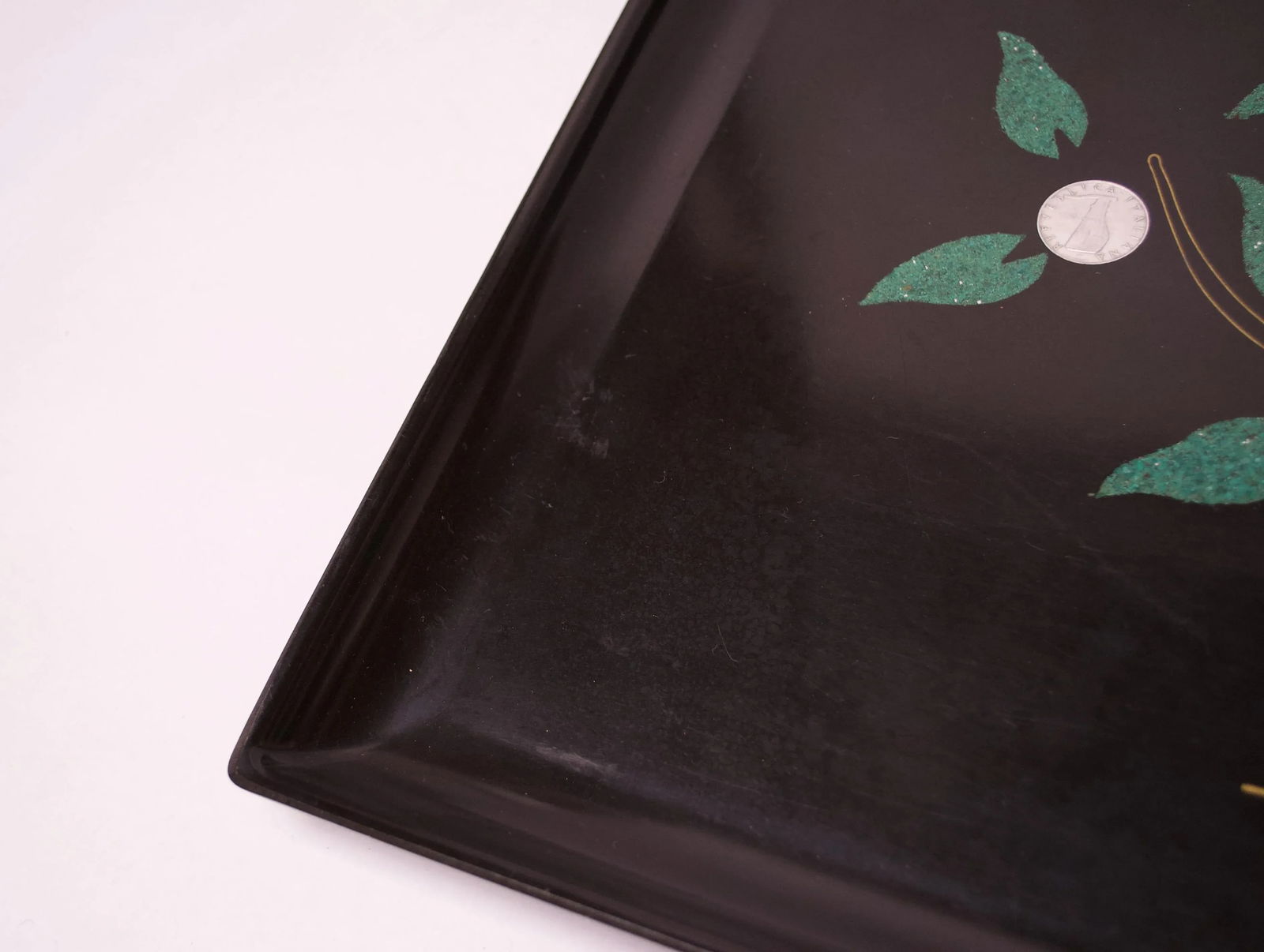 Large Mid-Century Black Resin Inlaid "Tree of Life" Tray by Couroc - 12