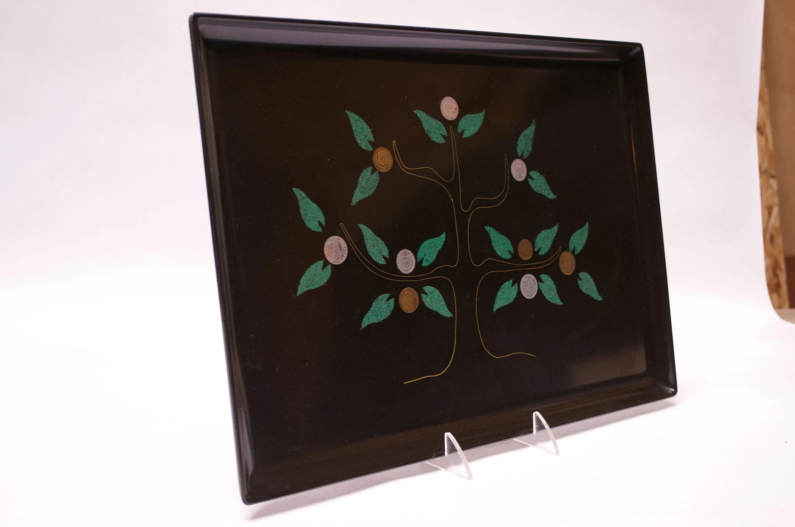 Large Mid-Century Black Resin Inlaid "Tree of Life" Tray by Couroc - 13